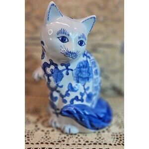 Vintage Cobalt Blue & White Porcelain Cat "Good Fortune" Right Paw Up Figurine